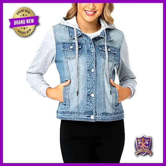 Hooded Denim Jacket Drawstring Layered Sweatshirt Classic Chic Casual Streetwear